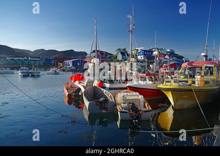 Fishing boats lying close together, Maniitsoq, Arctic, Greenland, Denmark Stock Photo