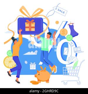 Cash back and earn points banner with happy clients getting cash rewards and gift from online shop. Clients loyalty program benefits, flat vector illu Stock Vector