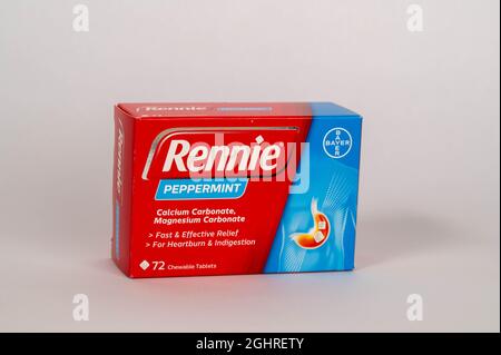 A  view of a box of Rennie indigestion tablets on a white background Stock Photo