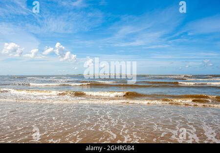 Sandy beach beach at the harbour of the island Baltrum, behind MIite eastern tip of the island Norderney, East Frisia, Lower Saxony, North Sea Stock Photo