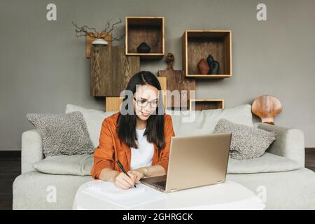 The student studies at home, programs or works as a freelancer.  Stock Photo