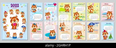 Calendar for 2022 in Cyrillic. Wall calendar template for 2022. Year of the tiger to the Eastern Chinese calendar. Cute character in flat design. Week Stock Vector