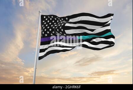 Thin Purple-Teal Line USA flag waving at cloudy sky background on sunset, panoramic view. Suicide awareness and prevention flag. copy space for wide b Stock Photo