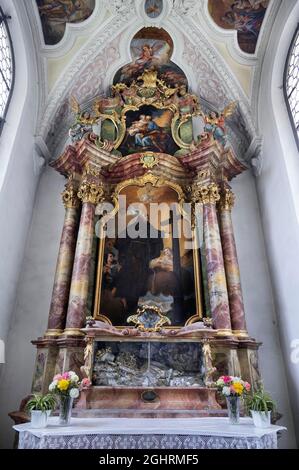 St. Magnus Catholic Parish Church, altar in the Joseph Chapel with the bones of St. Constantine, Lenzfried, Kempten, Upper Bavaria, Bavaria, Germany Stock Photo