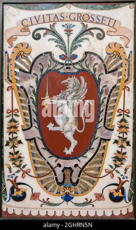 Coat of arms of the city of Grosseto, Pietra dura decoration, marble inlays in the Mausoleum of the Medici Grand Dukes, Capella dei Principi Stock Photo