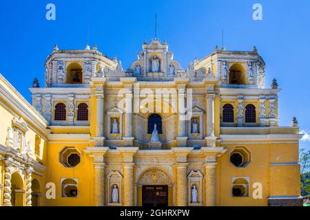Facade covered with stucco ornaments, La Merced Church and Convent, Antigua, Antigua, Guatemala Stock Photo