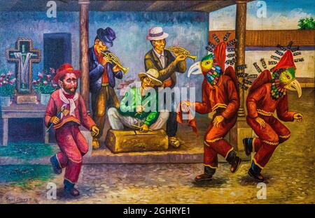 Masked dance, painting by the Tzutuhil artist Miguel Chavez Petzey, Casa K'ojom in Jocatenago, Jocatenago, Guatemala Stock Photo