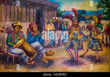 Masked dance, painting by the Tzutuhil artist Miguel Chavez Petzey, Casa K'ojom in Jocatenago, Jocatenago, Guatemala Stock Photo