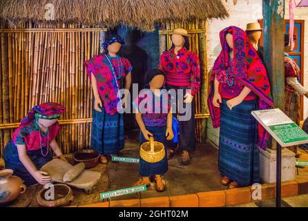 Mayan costumes of Santa Maria de Jesus, Museum of the Music of the Mayan People, Casa K'ojom in Jocatenago, Jocatenago, Guatemala Stock Photo
