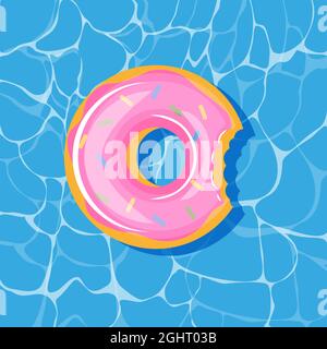 Pool infantable pink donut mattress place on water texture.  Stock Vector