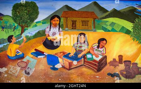 Mural about the atrocities in the Guatemalan civil war as well as the hope for a non-violent future, Chichicastenango, Chichicastenango, Guatemala Stock Photo