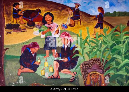 Mural about the atrocities in the Guatemalan civil war as well as the hope for a non-violent future, Chichicastenango, Chichicastenango, Guatemala Stock Photo