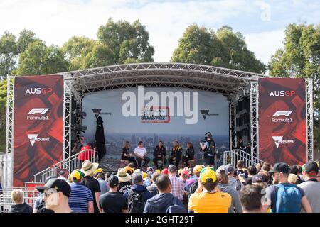 (L to R): Zak Brown (USA) McLaren Executive Director; Guenther Steiner (ITA) Haas F1 Team Prinicipal; Cyril Abiteboul (FRA) Renault Sport F1 Managing Director; and Claire Williams (GBR) Williams Racing Deputy Team Principal, at the Fans' Forum.  Australian Grand Prix, Friday 15th March 2019. Albert Park, Melbourne, Australia.  15.03.2019. Formula 1 World Championship, Rd 1, Australian Grand Prix, Albert Park, Melbourne, Australia, Practice Day.  Photo credit should read: XPB/Press Association Images. Stock Photo