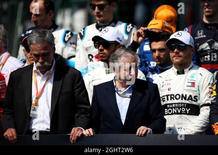 Chase Carey (USA) Formula One Group Chairman; Jean Todt (FRA) FIA President; and drivers pay tribute to Charlie Whiting.  17.03.2019. Formula 1 World Championship, Rd 1, Australian Grand Prix, Albert Park, Melbourne, Australia, Race Day.  Photo credit should read: XPB/Press Association Images. Stock Photo