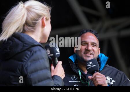 Michael Caines (GBR) Williams Racing Celebrity Chef with Rosanna Tennant (GBR) F1 Presenter on the FanZone stage.  13.07.2019. Formula 1 World Championship, Rd 10, British Grand Prix, Silverstone, England, Qualifying Day.  Photo credit should read: XPB/Press Association Images.