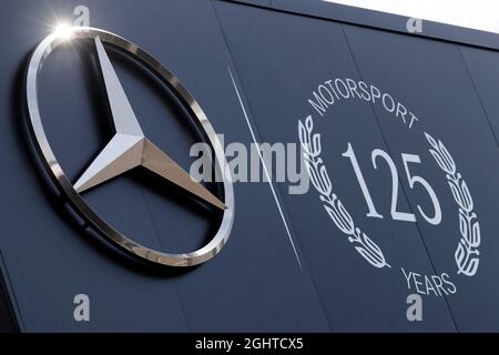 Mercedes AMG F1 motorhome celebrates 125 years of motorsport.  25.07.2019. Formula 1 World Championship, Rd 11, German Grand Prix, Hockenheim, Germany, Preparation Day.  Photo credit should read: XPB/Press Association Images. Stock Photo
