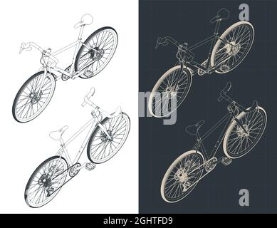 Stylized vector illustration of isometric blueprints of gravel bike Stock Vector