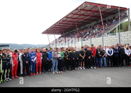 F1, F2, and F3 pay their respects to Anthoine Hubert with his family.  01.09.2019. Formula 1 World Championship, Rd 13, Belgian Grand Prix, Spa Francorchamps, Belgium, Race Day.  Photo credit should read: XPB/Press Association Images. Stock Photo