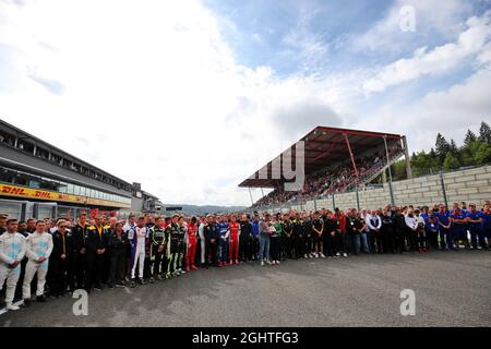 F1, F2, and F3 pay their respects to Anthoine Hubert.  01.09.2019. Formula 1 World Championship, Rd 13, Belgian Grand Prix, Spa Francorchamps, Belgium, Race Day.  Photo credit should read: XPB/Press Association Images. Stock Photo