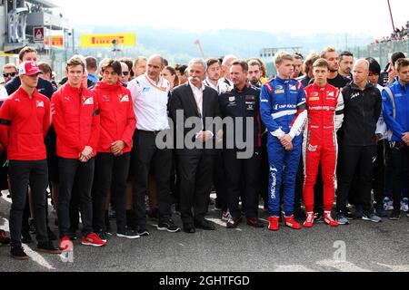 F1, F2, and F3 pay their respects to Anthoine Hubert.  01.09.2019. Formula 1 World Championship, Rd 13, Belgian Grand Prix, Spa Francorchamps, Belgium, Race Day.  Photo credit should read: XPB/Press Association Images. Stock Photo