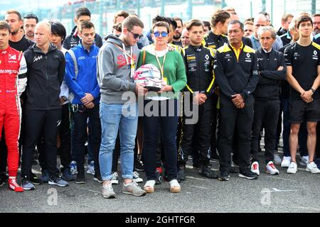 F1, F2, and F3 pay their respects to Anthoine Hubert with his family.  01.09.2019. Formula 1 World Championship, Rd 13, Belgian Grand Prix, Spa Francorchamps, Belgium, Race Day.  Photo credit should read: XPB/Press Association Images. Stock Photo