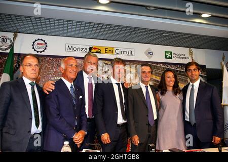 The Italian Grand Prix at Monza is confirmed for a further five years (L to R): Giuseppe Redaelli, President of the Autodrome Nazionale Monza SIAS S.p.A, Angelo Sticchi Damiani, President of the Automobile Club of Italy, Dario Allevi, Mayor Municipality of Monza, Fabrizio Sala, Vice-president of the Lombardy Region, Attilio Fontana, President of the Lombardy Region and Geronimo La Russa, President Automobile Club Milan.  05.09.2019. Formula 1 World Championship, Rd 14, Italian Grand Prix, Monza, Italy, Preparation Day.  Photo credit should read: XPB/Press Association Images. Stock Photo