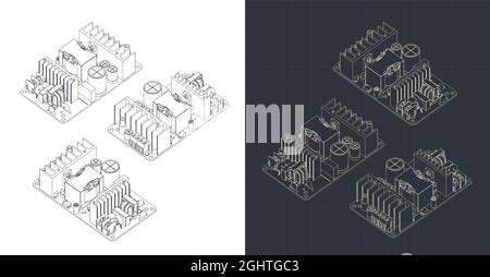 Stylized vector illustration of isometric blueprints of PSU board Stock Vector