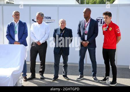 (L to R): Giovanni Uboldi (ITA) IGP Decaux Commercial and Marketing Director; Chase Carey (USA) Formula One Group Chairman; Jean Todt (FRA) FIA President; Didier Drogba (CIV) Former Football Player; Charles Leclerc (MON) Ferrari, at an FIA Road Safety Campaign.  07.09.2019. Formula 1 World Championship, Rd 14, Italian Grand Prix, Monza, Italy, Qualifying Day.  Photo credit should read: XPB/Press Association Images. Stock Photo