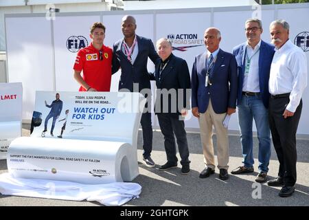 (L to R): Charles Leclerc (MON) Ferrari; Didier Drogba (CIV) Former Football Player; Jean Todt (FRA) FIA President; Dr. Angelo Sticchi Damiani (ITA) Aci Csai President; Giovanni Uboldi (ITA) IGP Decaux Commercial and Marketing Director; Chase Carey (USA) Formula One Group Chairman, at an FIA Road Safety Campaign.  07.09.2019. Formula 1 World Championship, Rd 14, Italian Grand Prix, Monza, Italy, Qualifying Day.  Photo credit should read: XPB/Press Association Images. Stock Photo