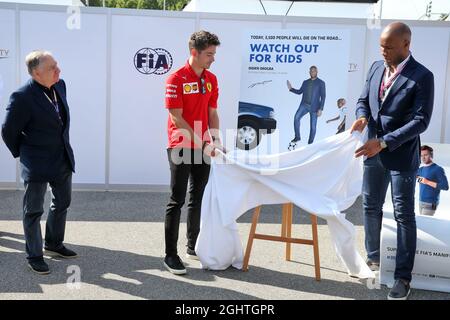 (L to R): Jean Todt (FRA) FIA President; Didier Drogba (CIV) Former Football Player; Charles Leclerc (MON) Ferrari, at an FIA Road Safety Campaign.  07.09.2019. Formula 1 World Championship, Rd 14, Italian Grand Prix, Monza, Italy, Qualifying Day.  Photo credit should read: XPB/Press Association Images. Stock Photo