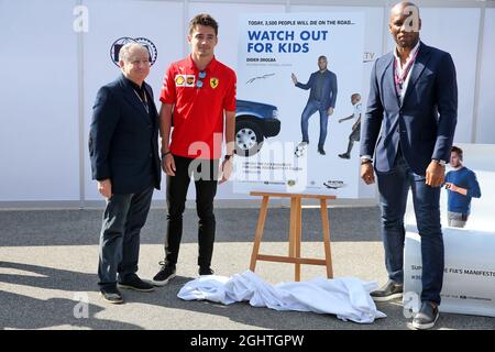 (L to R): Jean Todt (FRA) FIA President; Didier Drogba (CIV) Former Football Player; Charles Leclerc (MON) Ferrari, at an FIA Road Safety Campaign.  07.09.2019. Formula 1 World Championship, Rd 14, Italian Grand Prix, Monza, Italy, Qualifying Day.  Photo credit should read: XPB/Press Association Images. Stock Photo