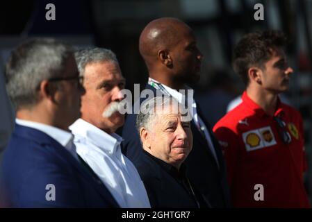 (L to R): Giovanni Uboldi (ITA) IGP Decaux Commercial and Marketing Director; Chase Carey (USA) Formula One Group Chairman; Jean Todt (FRA) FIA President; Didier Drogba (CIV) Former Football Player; Charles Leclerc (MON) Ferrari, at an FIA Road Safety Campaign.  07.09.2019. Formula 1 World Championship, Rd 14, Italian Grand Prix, Monza, Italy, Qualifying Day.  Photo credit should read: XPB/Press Association Images. Stock Photo