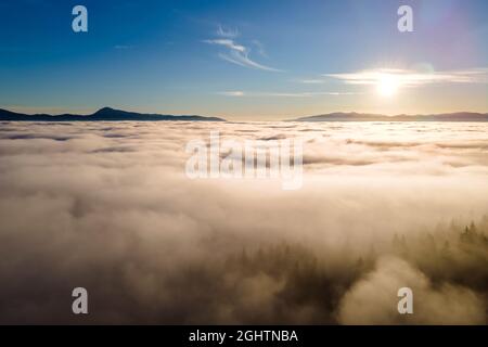 Aerial view of vibrant sunset over white dense clouds with dark mountain spruce forest trees. Stock Photo