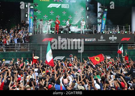 The podium (L to R): Sebastian Vettel (GER) Ferrari, second