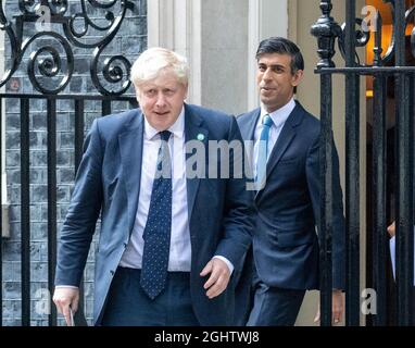 London, UK. 7th Sep, 2021. Boris Johnson, MP Prime Minister, Sajid Javid, Health Secretary and Rishi Sunak, Chancellor of the Exchequer walk from 10 Downing Street to the press conference on the National Insurance increase. Credit: Ian Davidson/Alamy Live News Stock Photo