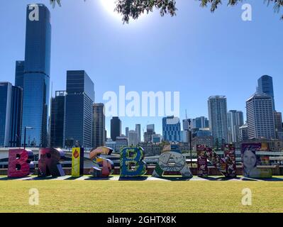 Brisbane sign and city skyline, Southbank, Brisbane, Queensland, Australia Stock Photo