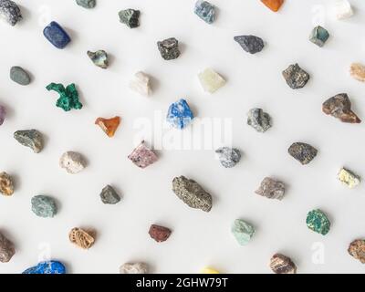 Collection of natural stones and minerals. Colorful various uncut and raw mineral stones, gemstone and healing stone collection of various colors and Stock Photo