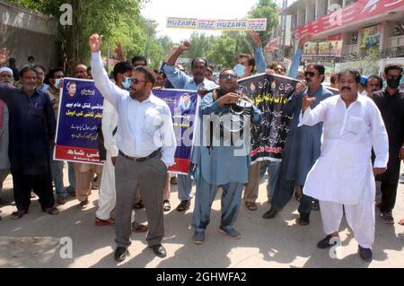 Terminated Employees of Sui Southern Gas Company (SSGC) are holding protest demonstration against unemployment and price hiking, at Hyderabad press club on Tuesday, September 07, 2021. Stock Photo