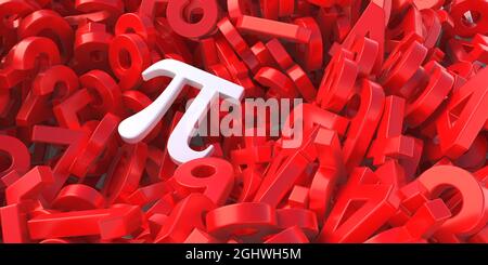 Pi, Greek alphabet letter, Archimedes constant irrational number, ratio of a circle circumference to diameter. White color pi on red numbers stack, co Stock Photo