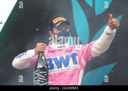 Sergio Perez (MEX) Racing Point F1 Team celebrates his second position on the podium.  15.11.2020. Formula 1 World Championship, Rd 14, Turkish Grand Prix, Istanbul, Turkey, Race Day.  Photo credit should read: XPB/Press Association Images. Stock Photo