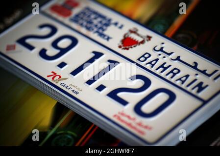 Circuit atmosphere - Bahrain Grand Prix souvenir registration plate.  26.11.2020. Formula 1 World Championship, Rd 15, Bahrain Grand Prix, Sakhir, Bahrain, Preparation Day.  Photo credit should read: XPB/Press Association Images. Stock Photo