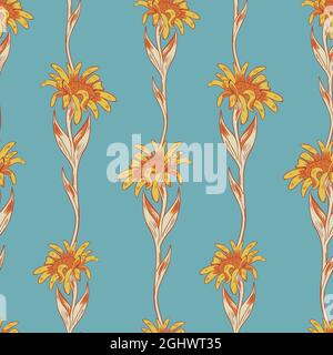 Vector seamless pattern with bright flowers on blue background. Contrast floral ornament. Stock Vector
