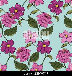 Vector seamless pattern with beautiful pink flowers. Hand drawn floral design. Stock Vector