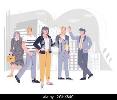 Group of successful confident business people standing on city street. Business team of high professionals and finance specialists ready to work, flat Stock Vector