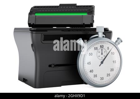 Stopwatch with multifunction printer MFP, 3D rendering isolated on white background Stock Photo