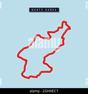 North Korea bold outline map. Glossy red border with soft shadow. Country name plate. Vector illustration. Stock Vector
