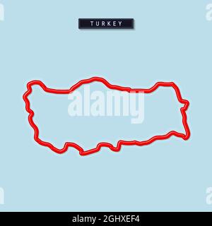 Turkey bold outline map. Glossy red border with soft shadow. Country name plate. Vector illustration. Stock Vector