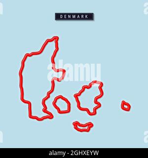 Denmark bold outline map. Glossy red border with soft shadow. Country name plate. Vector illustration. Stock Vector