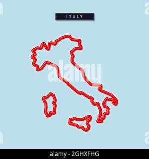 Italy bold outline map. Glossy red border with soft shadow. Country name plate. Vector illustration. Stock Vector