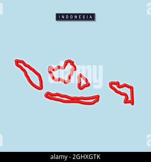 Indonesia bold outline map. Glossy red border with soft shadow. Country name plate. Vector illustration. Stock Vector
